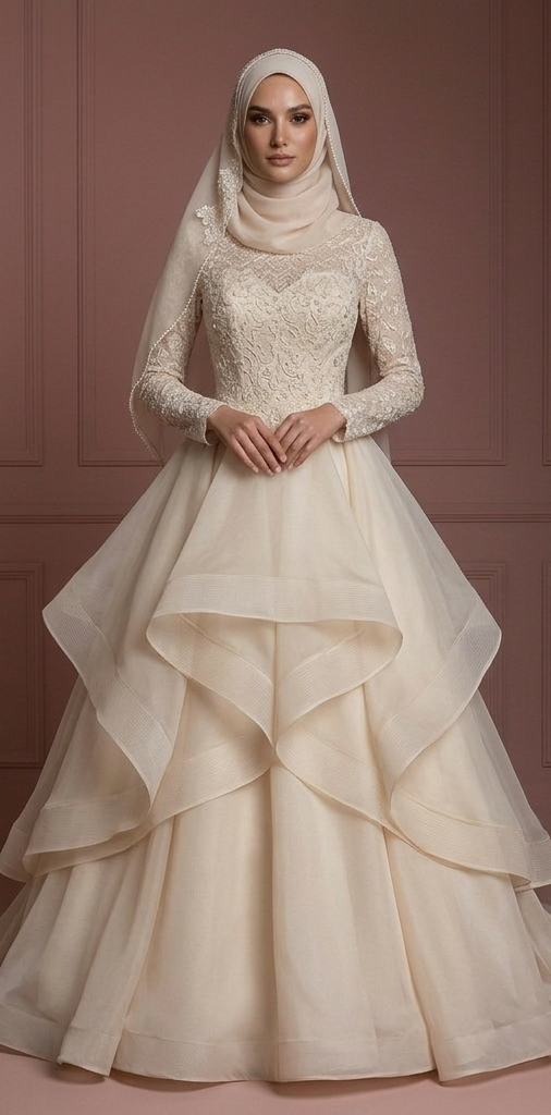 Organza Layered Ball Gown – Champagne Hijab Wedding Dress Muslim