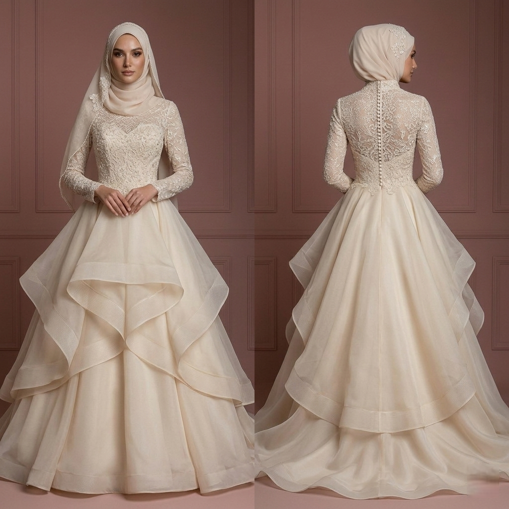 Organza Layered Ball Gown – Champagne Hijab Wedding Dress Muslim