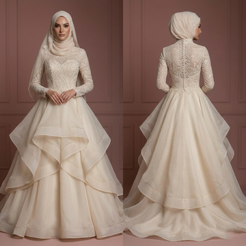 Organza Layered Ball Gown – Champagne Hijab Wedding Dress Muslim