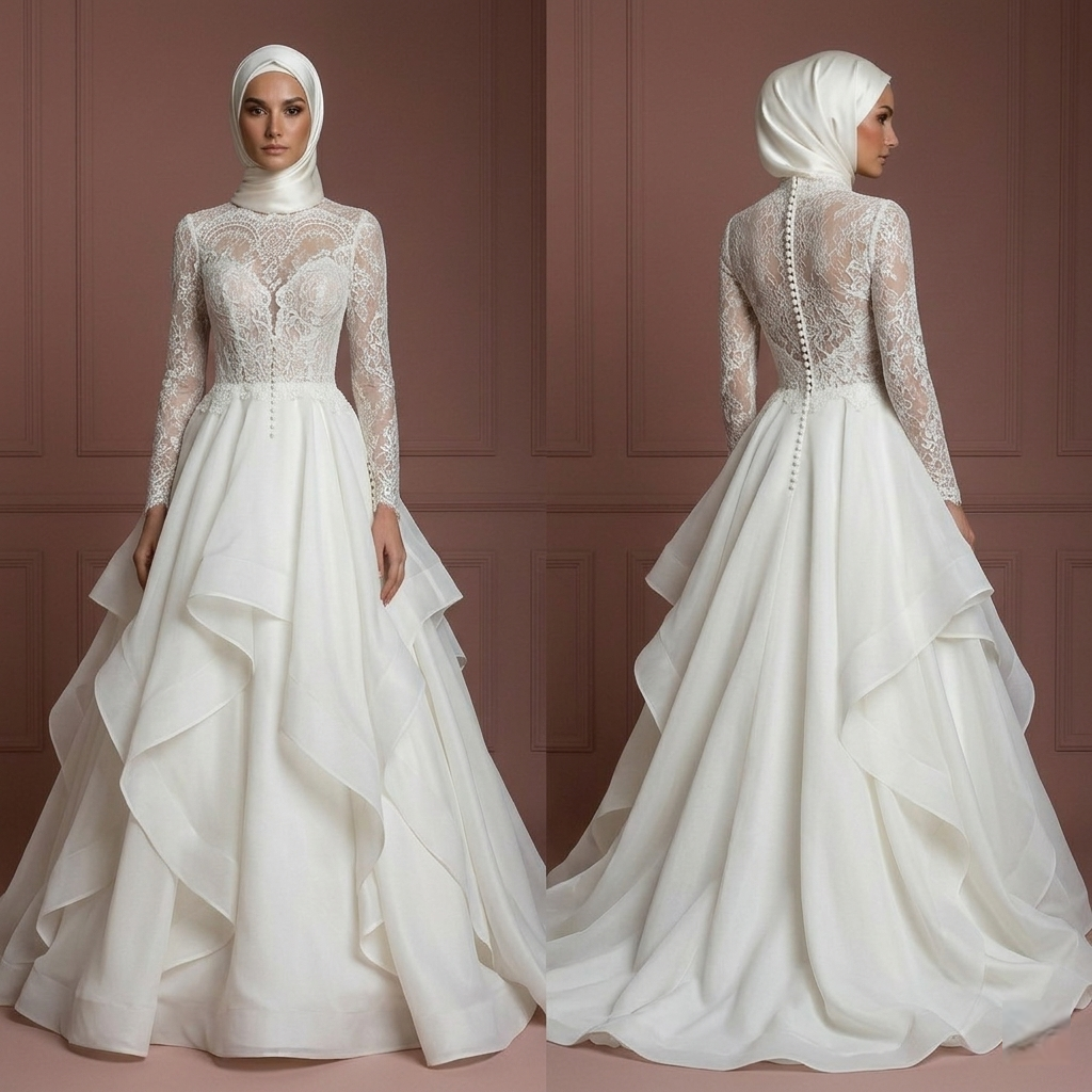 Organza Layered Wedding Dress – Ivory Princess Hijab Style Muslim