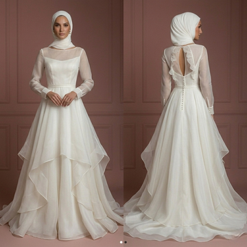 Organza Minimalist A-Line Wedding Dress – Ivory Elegant Muslim