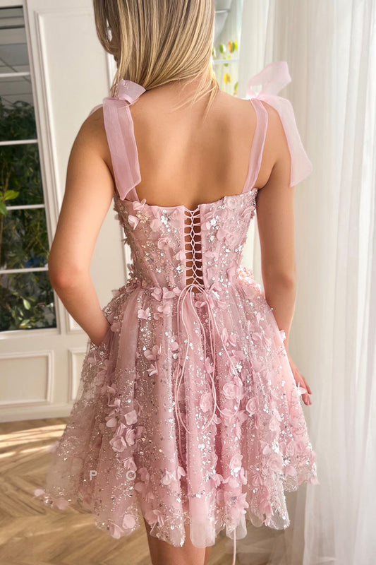 Fairy Pink Prom Dresses 3D Flowers Spaghetti Strap Pleat Ruched Above Knee Homecoming Dresses vestidos de graduación