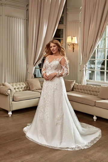 Elegant Plus Size A-Line Wedding Gown with Long Sleeves and Illusion Neckline, Designed with a Flattering Natural Waistline for a Timeless and Graceful Bridal Look