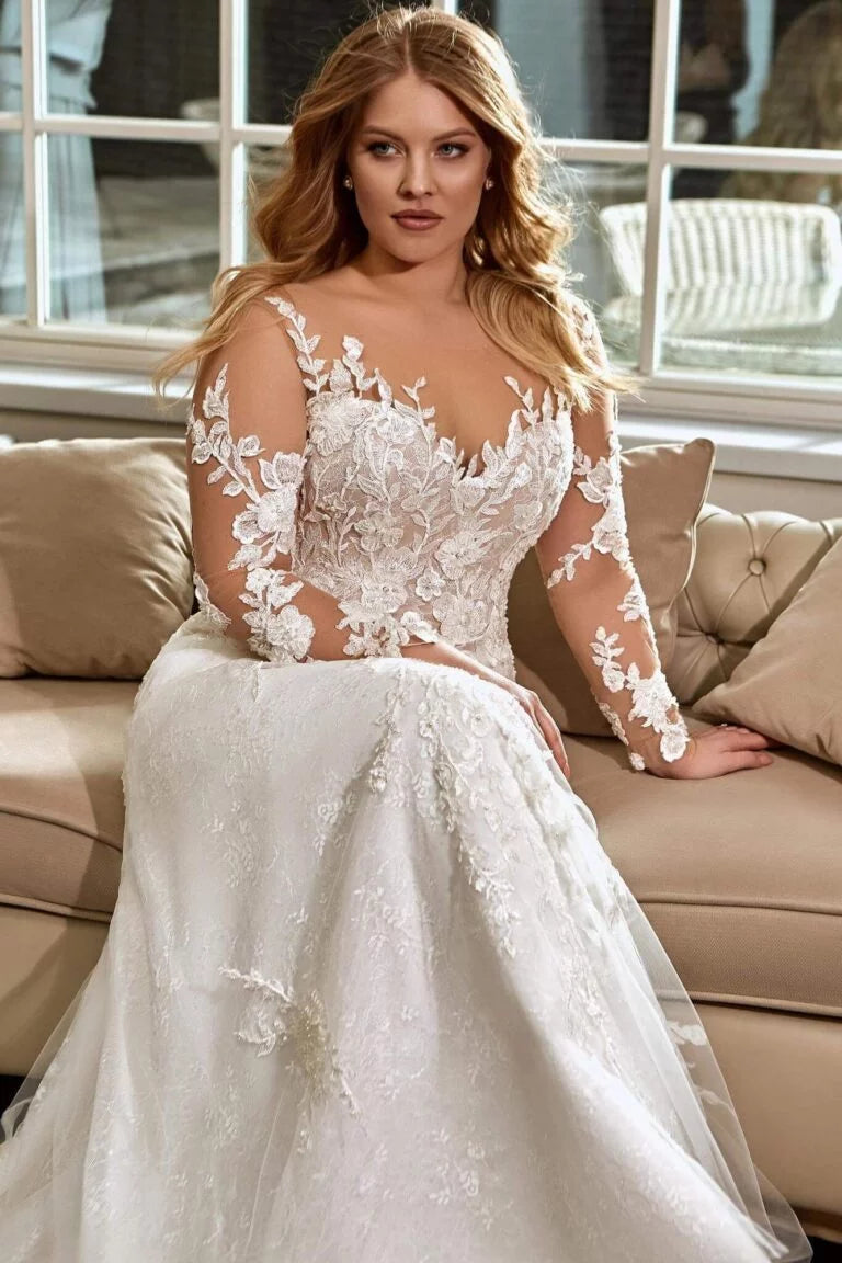 Elegant Plus Size A-Line Wedding Gown with Long Sleeves and Illusion Neckline, Designed with a Flattering Natural Waistline for a Timeless and Graceful Bridal Look