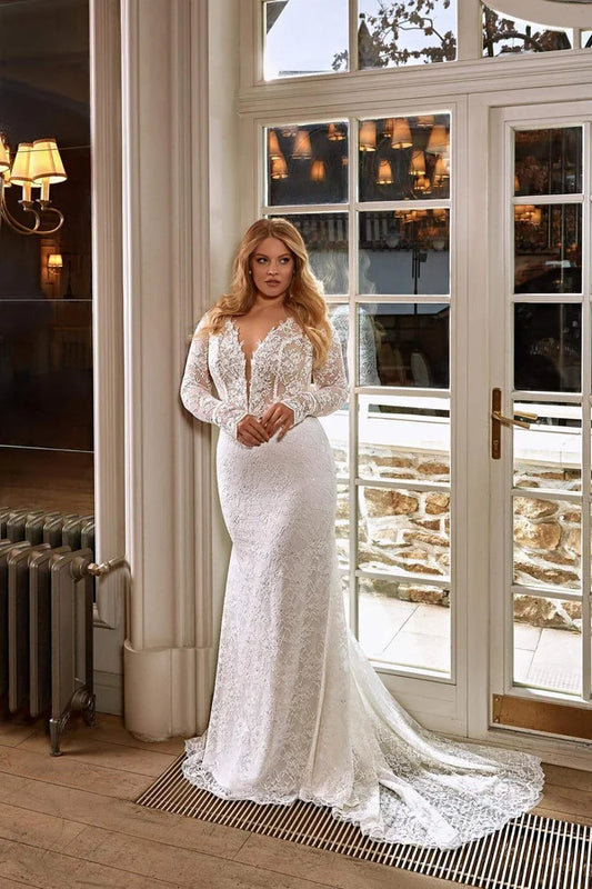 Sophisticated Plus Size Sheath Bridal Gown with Long Sleeves and V-Neckline, Featuring a Flattering Natural Waistline for an Elegant and Modern Bridal Look