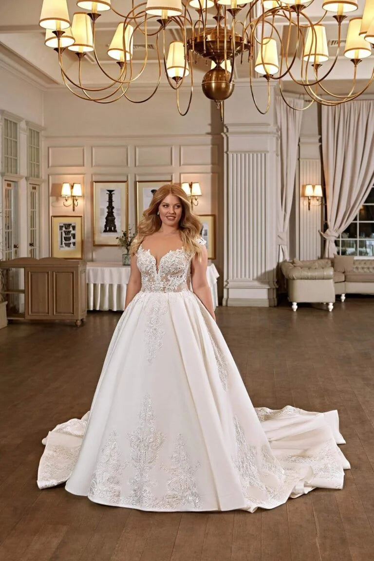 Romantic Plus Size A-Line Wedding Dress with Spaghetti Straps and Queen Anne Neckline, Designed with a Flattering Natural Waistline for a Regal Bridal Look