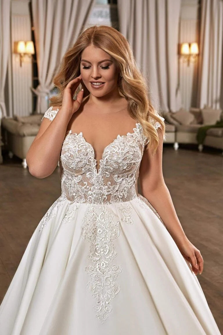 Romantic Plus Size A-Line Wedding Dress with Spaghetti Straps and Queen Anne Neckline, Designed with a Flattering Natural Waistline for a Regal Bridal Look