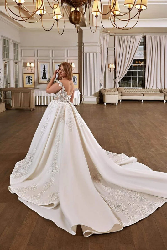 Romantic Plus Size A-Line Wedding Dress with Spaghetti Straps and Queen Anne Neckline, Designed with a Flattering Natural Waistline for a Regal Bridal Look - Camilla's