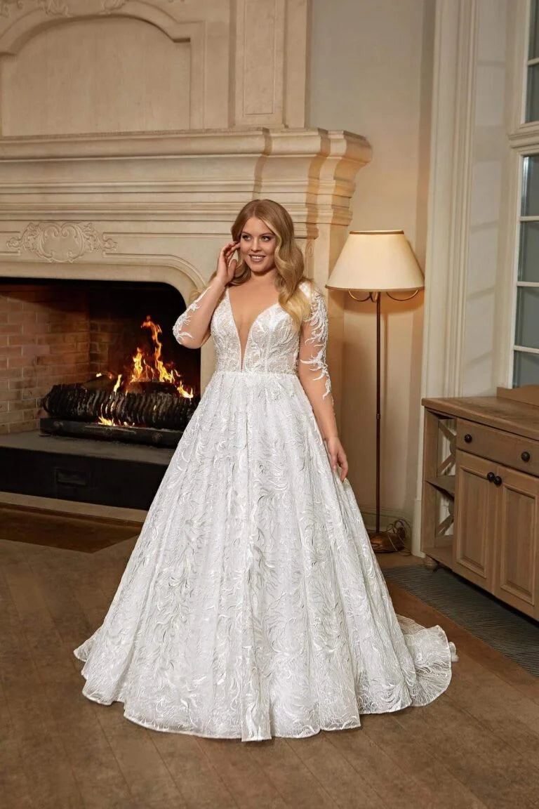 Graceful Plus Size A-Line Bridal Gown with Long Sleeves and V-Neckline, Featuring a Flattering Natural Waistline for a Classic and Elegant Bridal Look