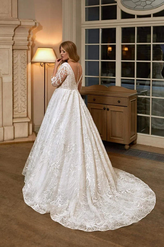 Graceful Plus Size A-Line Bridal Gown with Long Sleeves and V-Neckline, Featuring a Flattering Natural Waistline for a Classic and Elegant Bridal Look