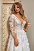 Graceful Plus Size A-Line Bridal Gown with Long Sleeves and V-Neckline, Featuring a Flattering Natural Waistline for a Classic and Elegant Bridal Look