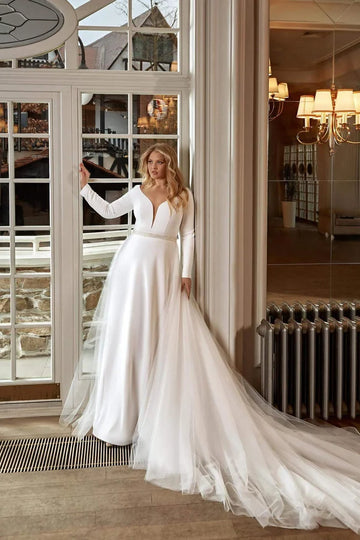 Elegant Plus Size A-Line Wedding Dress with Long Sleeves and V-Neckline, Featuring a Flattering Natural Waistline for a Timeless Bridal Look