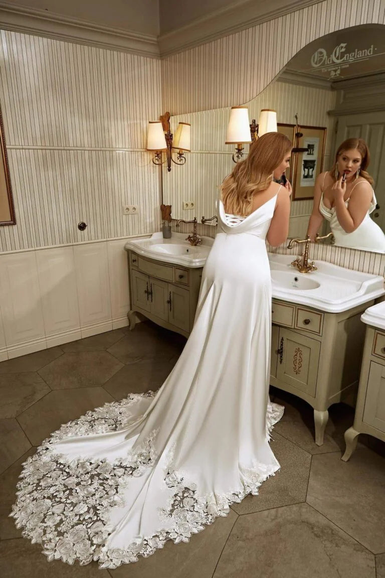 Stunning Plus Size Sheath Wedding Dress with Illusion Neckline and Straps, Designed with a Flattering Natural Waistline for a Modern Bridal Look