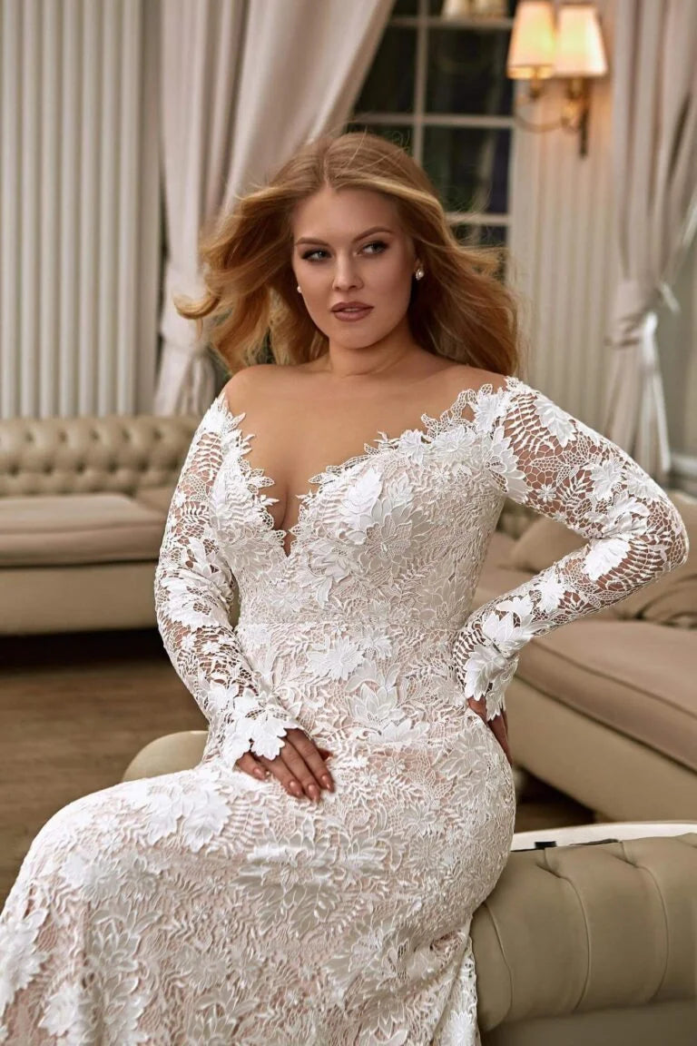 Ethereal Plus Size A-Line Wedding Gown with Long Sleeves, V-Neckline, and a Flattering Natural Waist for a Romantic and Elegant Bridal Look