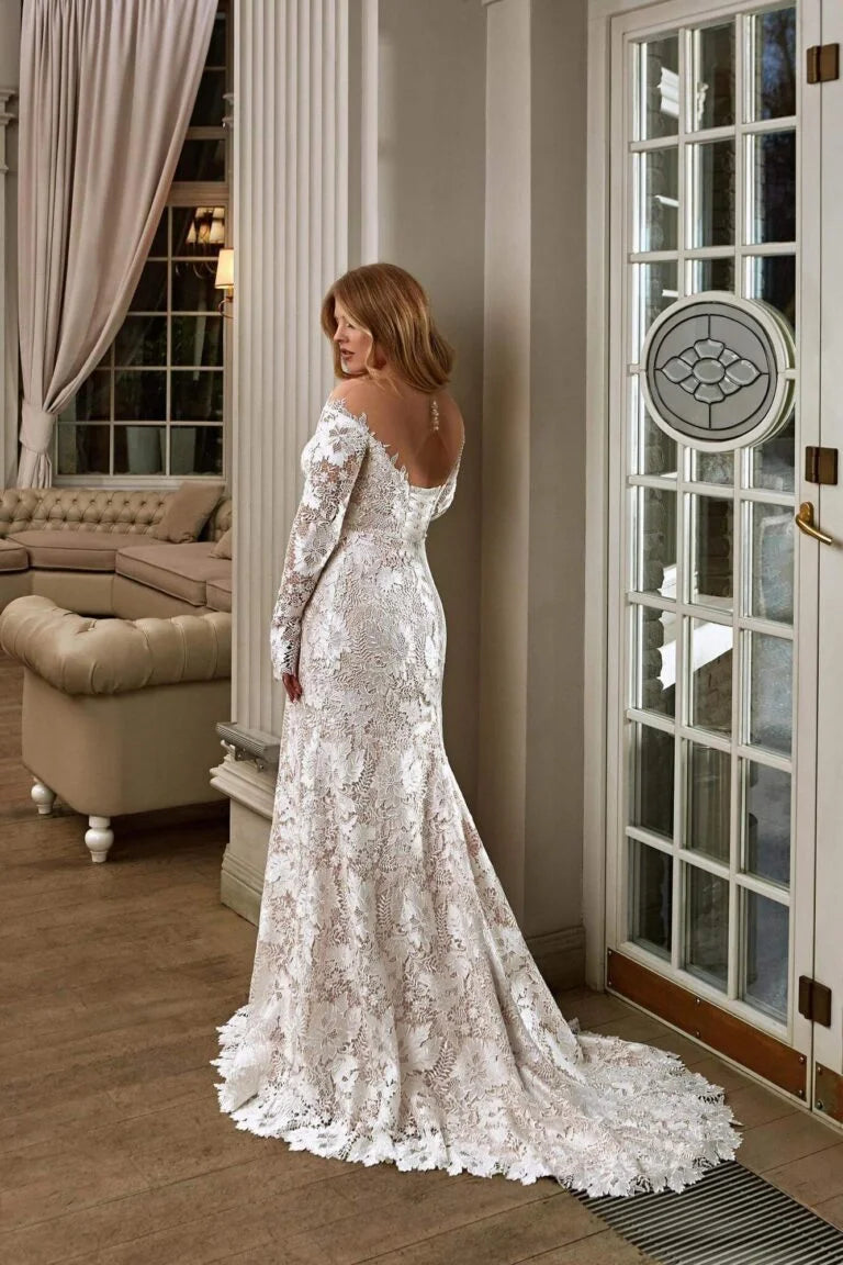 Ethereal Plus Size A-Line Wedding Gown with Long Sleeves, V-Neckline, and a Flattering Natural Waist for a Romantic and Elegant Bridal Look