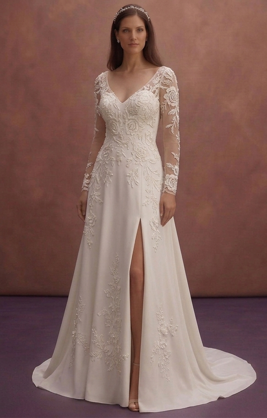 Pearl A-Line Wedding Dress with Floral Lace Appliqué