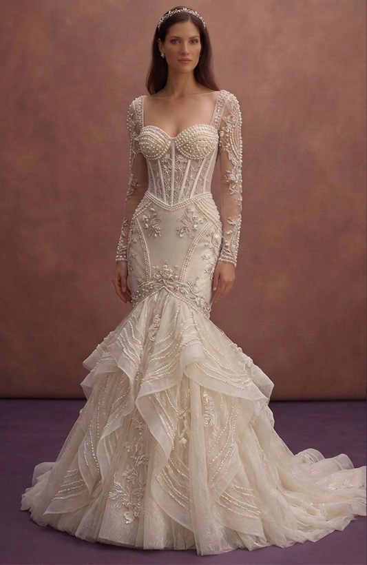 Pearl Beaded Mermaid Wedding Dress with Corset Bodice