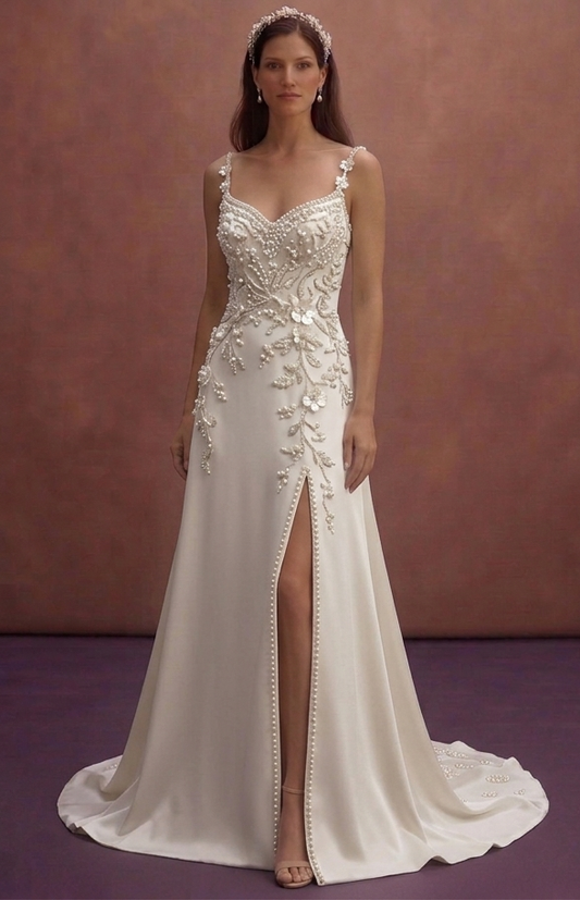Pearl Bridal Dress with Floral Pearl Embellishments