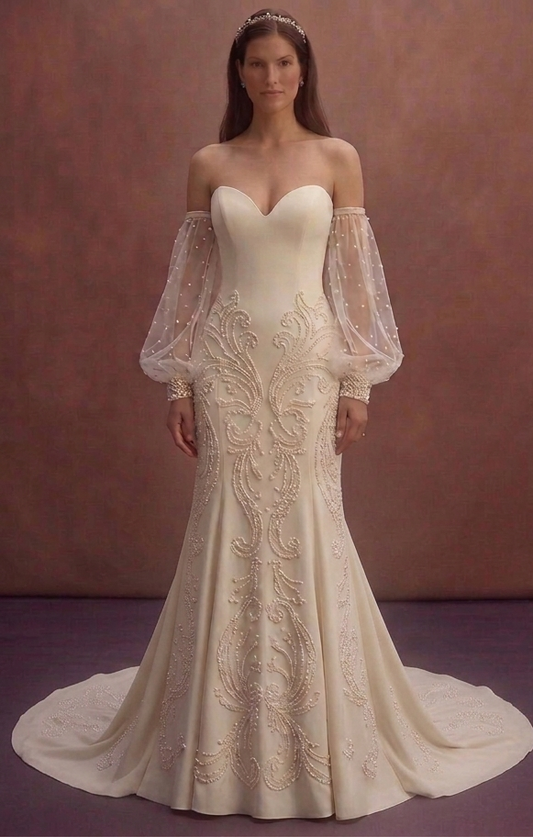 Pearl Bridal Gown with Detachable Long Sleeves
