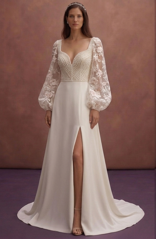 Pearl Bridal Gown with Romantic Floral Lace Sleeves