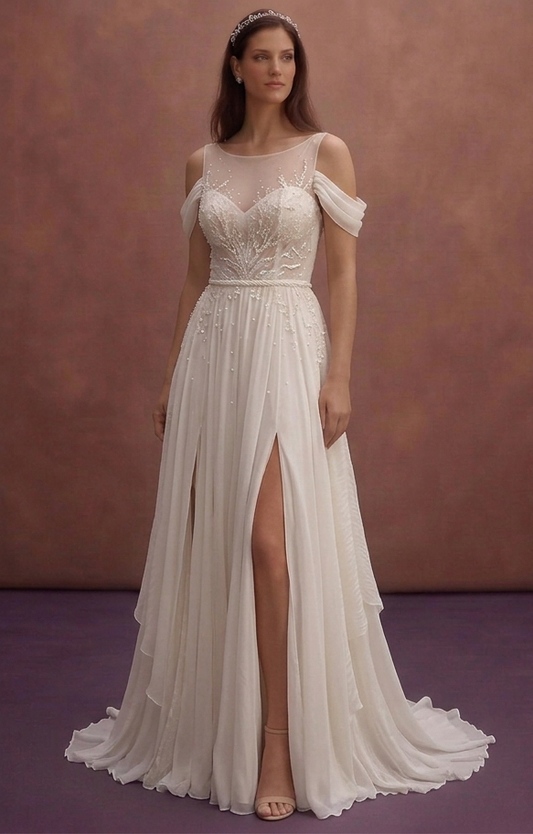 Pearl Chiffon Wedding Dress with Airy Beach Style
