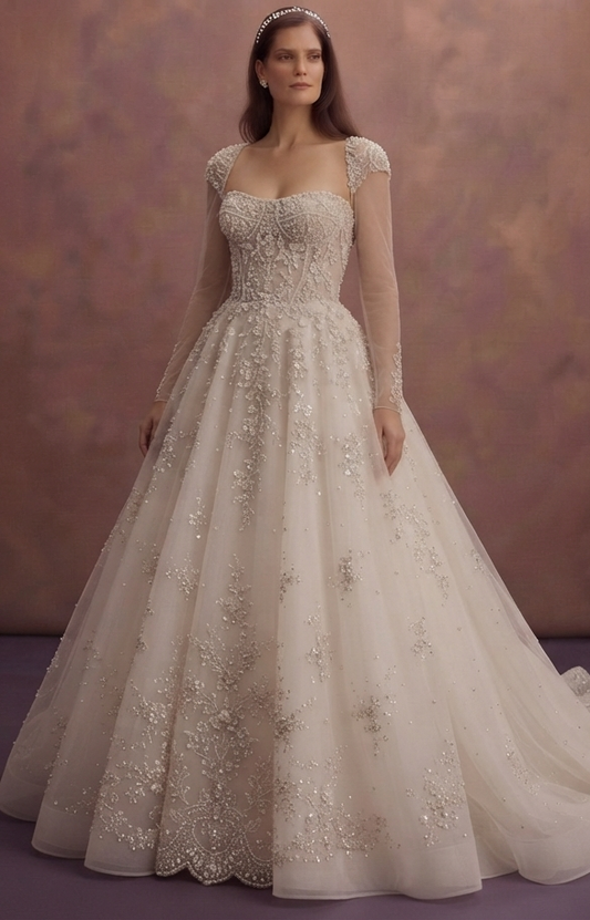 Pearl Embroidered Tulle Wedding Dresses with Luxury Finish