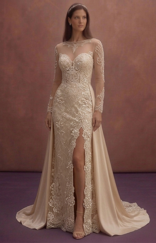 Pearl Lace Bridal Dress with Elegant Illusion Sleeves