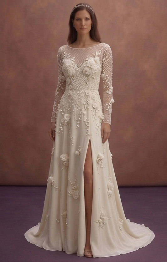 Pearl Lace Bridal Dress with Soft Floral Details