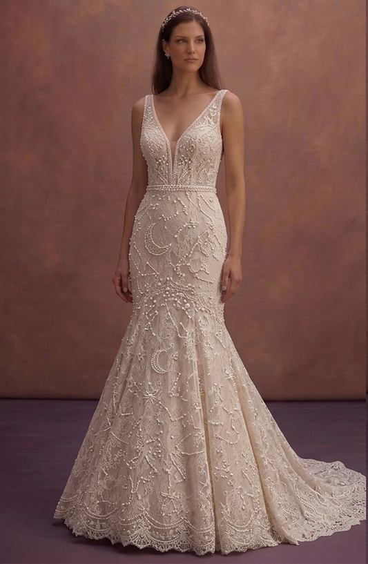 Pearl Lace Mermaid Bridal Dress with Chapel Train