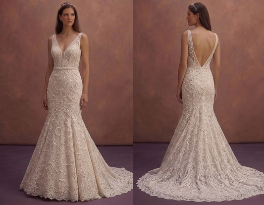 Pearl Lace Mermaid Bridal Dress with Chapel Train
