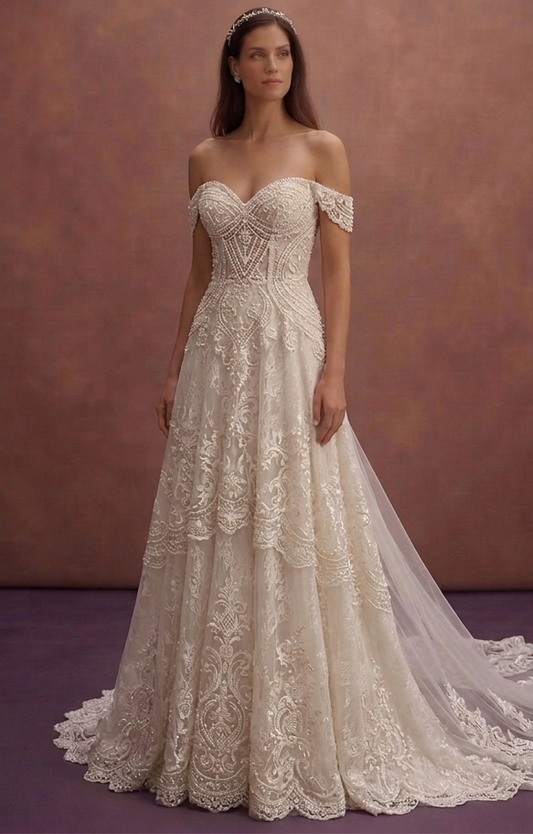 Pearl Lace Wedding Dress with Cathedral Length Train