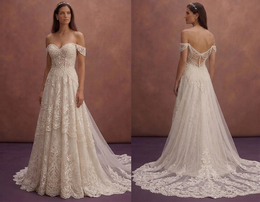 Pearl Lace Wedding Dress with Cathedral Length Train