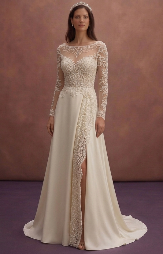 Pearl Lace Wedding Dress with Illusion Neckline