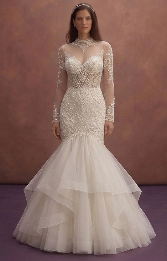 Pearl Mermaid Bridal Dress with Elegant Illusion Sleeves