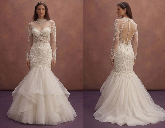 Pearl Mermaid Bridal Dress with Elegant Illusion Sleeves