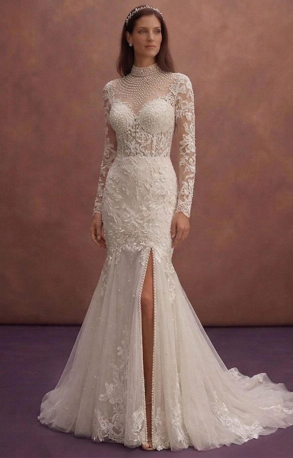 Pearl Mermaid Wedding Dress with Romantic Floral Lace