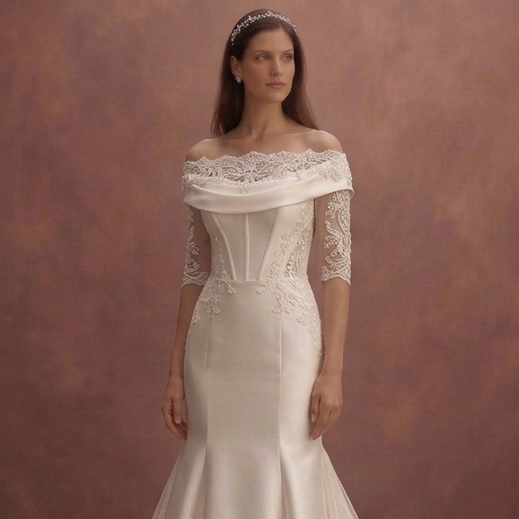 Pearl Satin Fit and Flare Wedding Dress with Long Train
