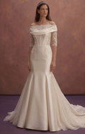 Pearl Satin Fit and Flare Wedding Dress with Long Train