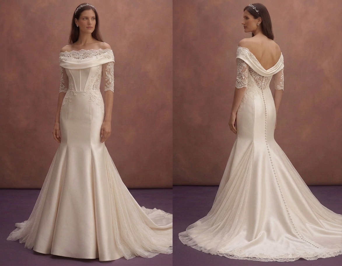 Pearl Satin Fit and Flare Wedding Dress with Long Train