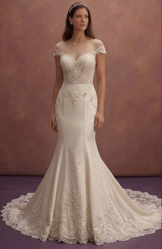 Pearl Satin Mermaid Wedding Dress with Cathedral Train