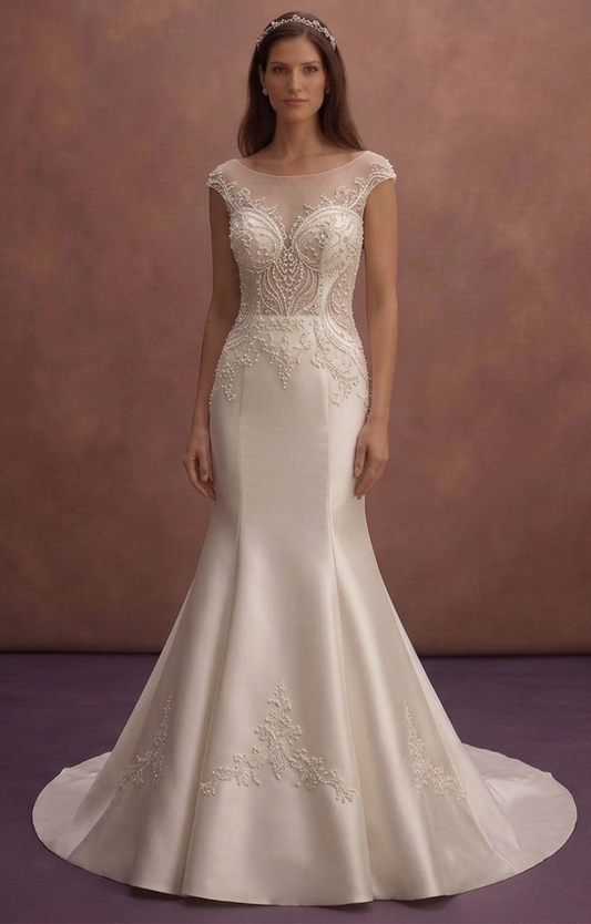 Pearl Satin Trumpet Wedding Dress with Pearl Buttons