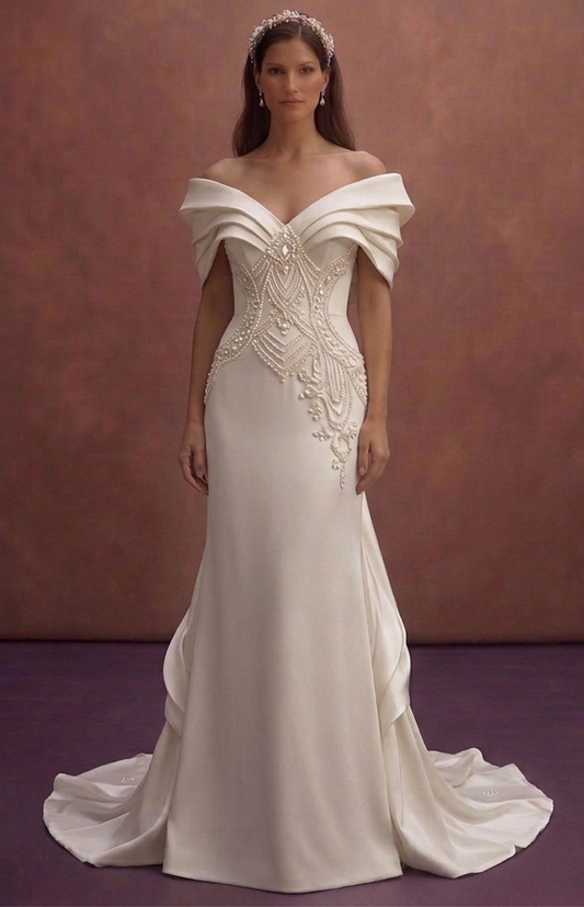 Pearl Satin Wedding Dress with Sculpted Off Shoulder Design