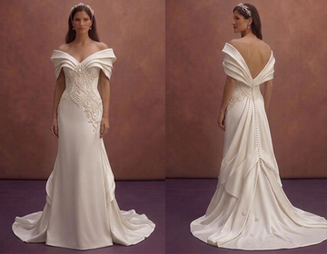 Pearl Satin Wedding Dress with Sculpted Off Shoulder Design