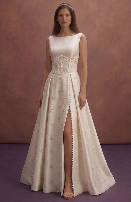 Pearl Satin Wedding Dress with Structured Waistline