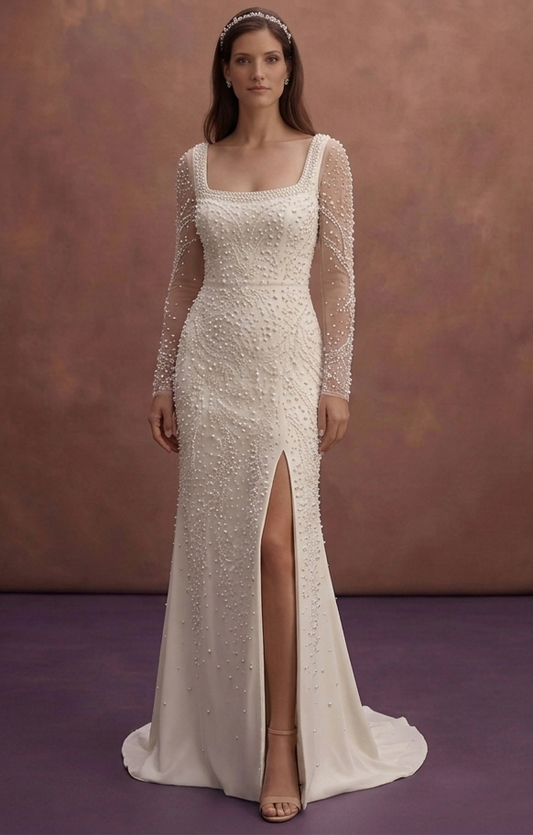 Pearl Sheath Wedding Dress with Elegant Square Neckline
