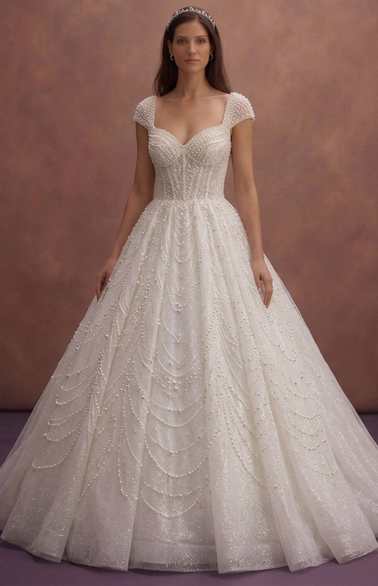 Pearl Tulle Ball Gown Wedding Dress with Glitter Finish