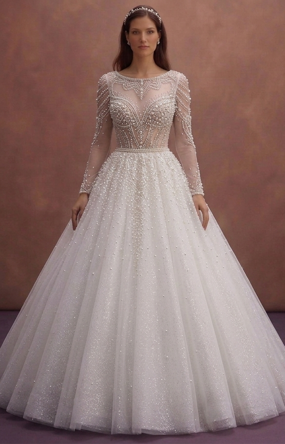 Pearl Tulle Ball Gown Wedding Dress with Sparkling Finish