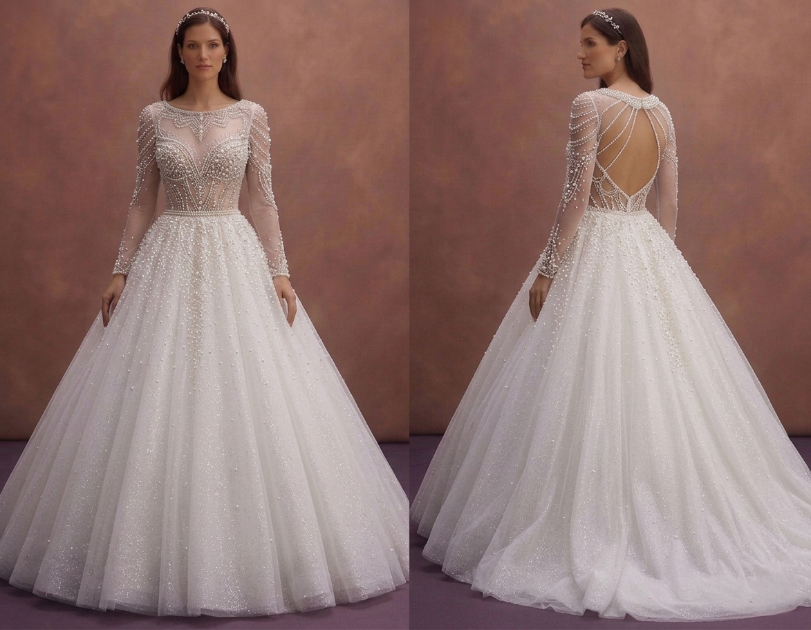 Pearl Tulle Ball Gown Wedding Dress with Sparkling Finish