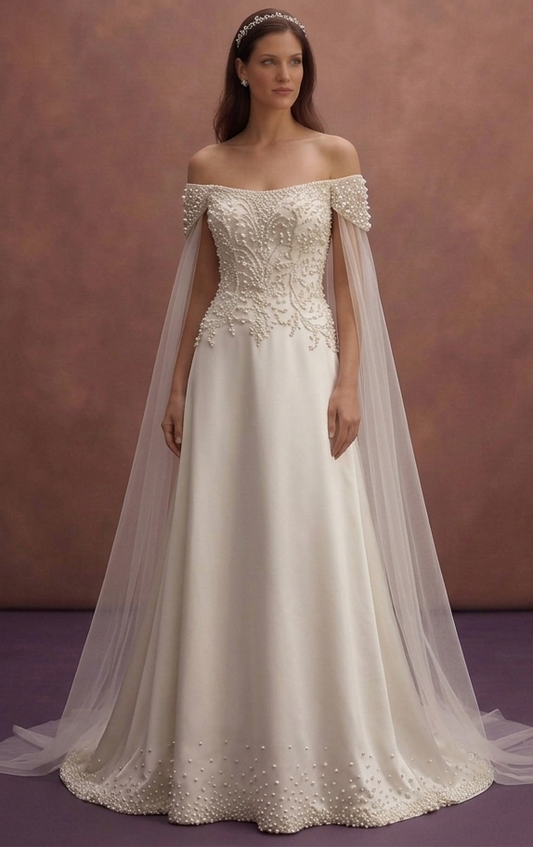 Pearl Wedding Dress with Detachable Long Cape