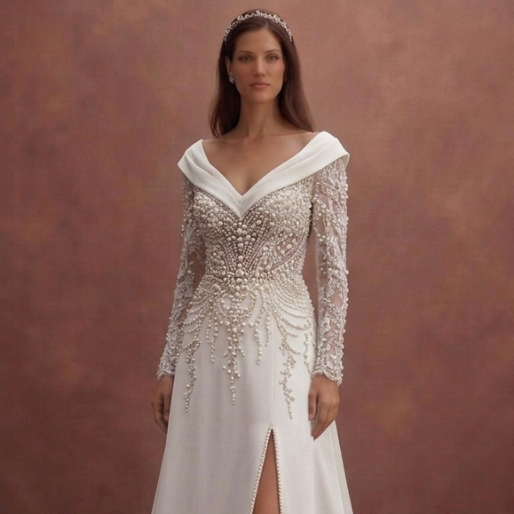 Pearl Wedding Dress with Elegant Portrait Neckline
